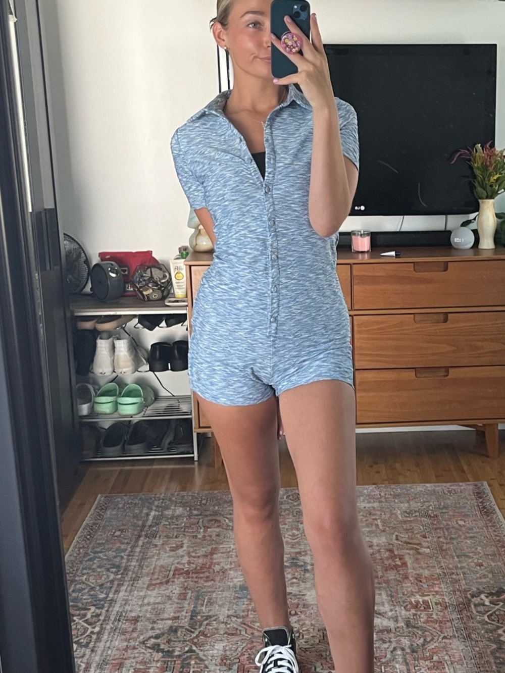 Light Blue Heathered Button Romper